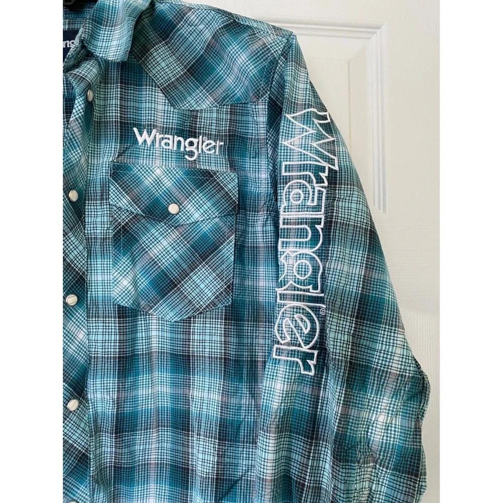 Wrangler Western Snap Shirt Kids XL Teal Plaid Cowboy Rodeo Logo Boho